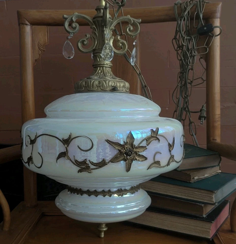 MCM Vtg Carl Falkenstein Glass Opalescent Swag Art Lamp Globe Hollywood Regency - Image 1 of 4