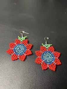 Coppia orecchini semi perline fiore rosso boho stile nativi americani - Foto 1 di 4