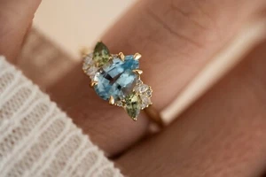 Aquamarine Pear Cut and 925 Sterling Silver Engagement Ring gold plated ring - Picture 1 of 4