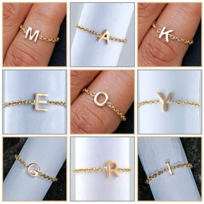 Solid 14K Yellow Gold A TO Z Initial Ring Stackable Minimalist Gift Chain Ring - Image 1 of 4