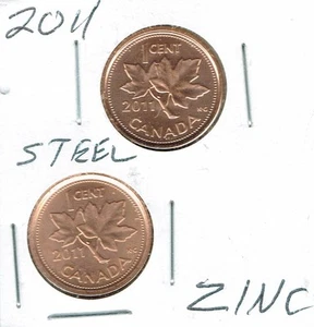 2011 Logo unzirkuliert kanadischer Stahlkern und Zinkkern Cent Typen (2 Münzen)! - Bild 1 von 2