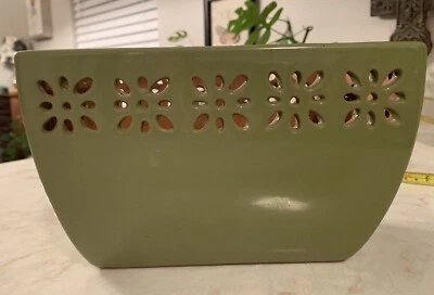 Green Perforated Glossy Ceramic Flower Planter Pot Cut Out Design Windowsill - Image 1 of 4