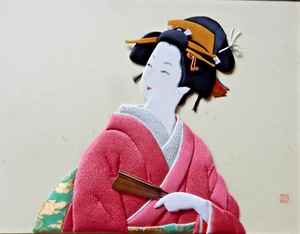 Arte giapponese in fibra di seta Oshie, pannello decorativo in tessuto 3D, Oshi-E, geisha kimono - Foto 1 di 8