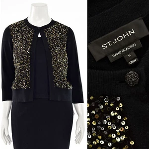 St. John Knits Hand Beaded Gold Sequin Black Silk Cashmere Cardigan Sweater sz M - Picture 1 of 7