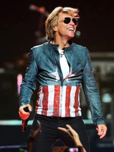 Jon Bon Jovi Concert Jacket - Captain America USA Flag Real Sheep Leather Jacket - Picture 1 of 7
