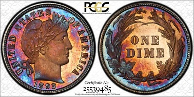 Rainbow Tones 1892 10C Barber Dime PCGS PR65 CAC! Stunning Gem Proof! - Image 1 of 3