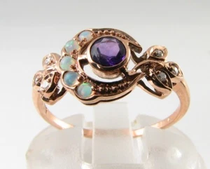 SUN MOON 9K 9CT ROSE GOLD AMETHYST OPAL DIAMOND ART DECO INS RING Size O - Picture 1 of 6
