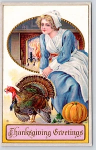 POSTCARD THANKSGIVING EMBOSSED YOUNG LADY TURKEY PUMPKIN - Picture 1 of 2