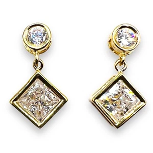 14k Yellow Gold CZ Round Square Dangle Drop Bezel Set Earrings 2.6g - Picture 1 of 13