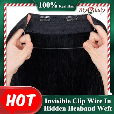 Diadema oculta de una pieza con extensiones de cabello humano Remy con clip ruso de alambre #negra Foto 1 de 4