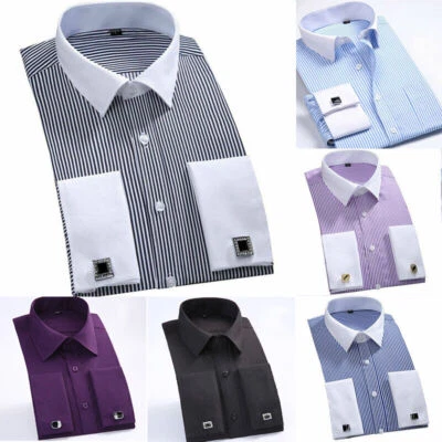 French Cuff Striped White Collar Business Shirts Casual Dress Men's - Image 1 of 4