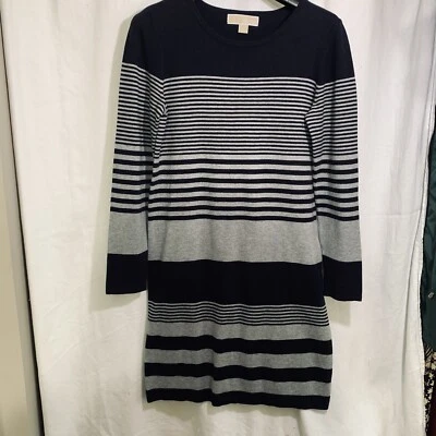 Vestido Suéter Michael Kors Azul Marino y Gris Rayas Manga Larga Talla Lg Foto 1 de 4