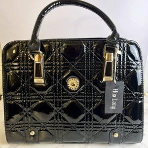 New Hua Long Patent Leather Quilted Purse Handbag Black with Gold Accents - Picture 1 of 11