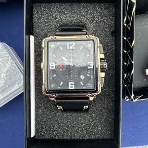 Megir Chronograph Watch Men Rose Gold Tone Oversized Case Black Band New Battery - Picture 1 of 3