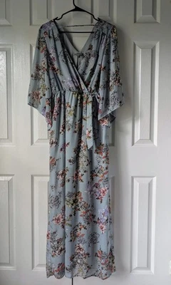 Maxi Vestido Bailey Azul Floral Manga Kimono Cuello en V Ligero Boho Femenino L Foto 1 de 4