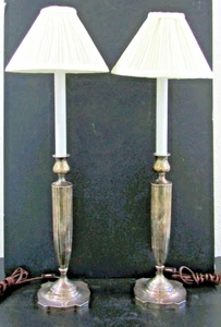 Matched Pair of Sterling Silver Candlestick Table Lamps with Shades - Picture 1 of 12