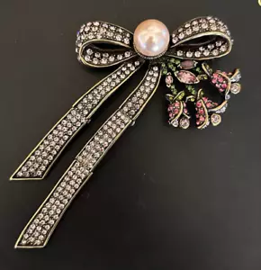 Kristall Strass Perle Frühling Blumen Band Schleife Anstecknadel Brosche: Signiert Heidi Daus - Bild 1 von 7