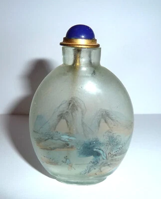 Reverse Painted SNUFF BOTTLE Vintage 1950s Era w. Stopper Mt. Scene & Goldfish - Image 1 of 4