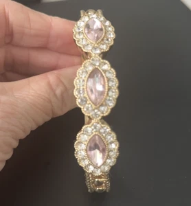 Signed Monet Sz 7.25 Tennis Bracelet Coquette Pink Clear Rhinestones Gold Plate - Picture 1 of 13