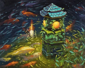 Stone lantern with Koi fishes, Original artwork oil painting, fantasy 16''x20" - Picture 1 of 9