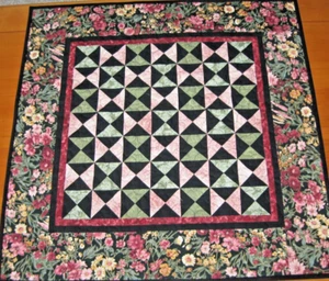 Handmade Quilted Table Topper, Vibrant Floral on Black with Hourglass Block - Picture 1 of 5