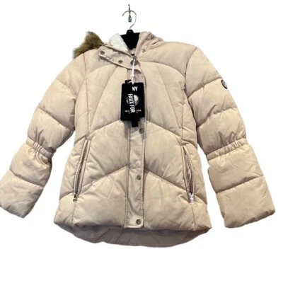 NUEVO CON ETIQUETAS DKNY NIÑAS PUFF Abrigo CHAQUETA TALLA: 10/12 Marfil Con Capucha Con Piel Extraíble Foto 1 de 4