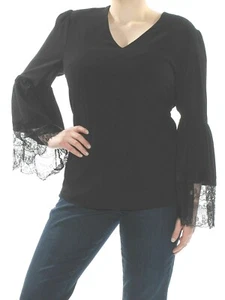 Nine West Womens Lace Trim V-Neck Peasant Top, Black, X-Large - Picture 1 of 4