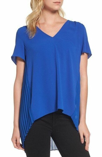 Camicia superiore Michael Kors retro a pieghe hi lo dettaglio giogo in pizzo blu reale nuova con etichette xl