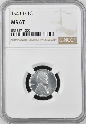 :1943-D 1C LINCOLN STEEL CENT NGC MS67 BRIGHT & SHINING RARITY R2 HIGHEST GRADES - Image 1 of 2