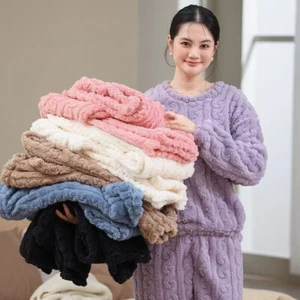 Women Warm Thicken Velvet Ribbed Pullover And Pants Pajama Sets Homewear Suit - Picture 1 of 17