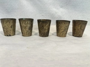 5 Antique Brass Floral Etched Drinking Cup, Indian Lassi Cup Vintage 1900-1940’s - Picture 1 of 13