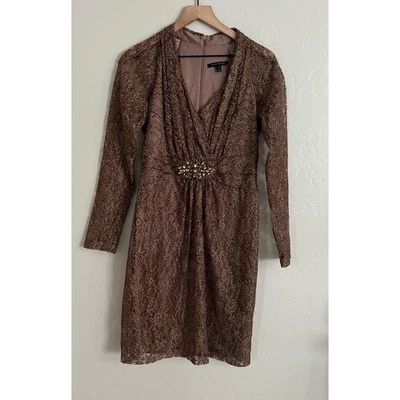 Vestido David Meister Talla 10 Leopardo Encaje Midi Manga Larga Cuello en V Cóctel Foto 1 de 4