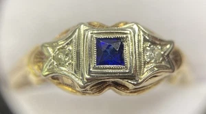 Antigua alianza eduardiana de oro amarillo blanco de 14 k con diamantes de zafiro azul 6 3/4 - Imagen 1 de 17