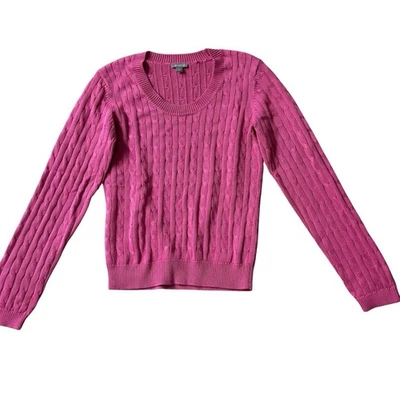 Nuevo Suéter Ann Taylor Pequeño Seda Algodón Tejido con Cable Cuello Redondo Rosa Preppy Carrera Foto 1 de 4