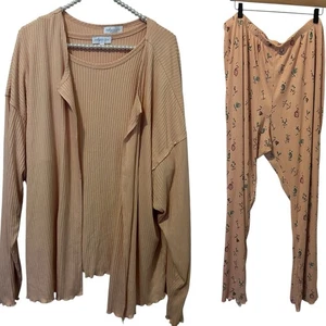 Pyjama 3-teiliges Set 3x pfirsich rosa Strickjacke Oberteil Sternzeichenmuster Hose Loungewear - Bild 1 von 12