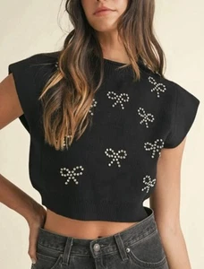 Mable Rhinestone Bow Sweater Knit Size Small - Picture 1 of 12