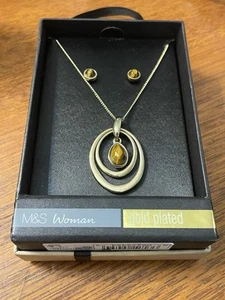 Tigers Eye Gold Plated Marks & Spencer M&S Necklace And Earrings Set New In Box - Picture 1 of 7
