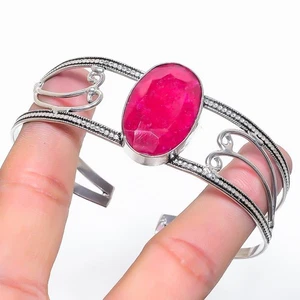 Ruby(Simulated) Gemstone 925 Sterling Silver Cuff Bangle Adjustable A612 - Picture 1 of 1