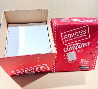 LOT  Staples Perforated 20 lb. White 9 ½” x 11” Continuous Computer Paper in Box - Image 1 of 4