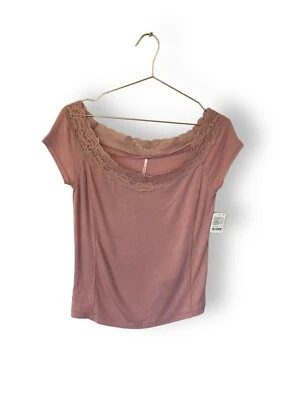Free People Lace Off the Shoulder Top Pink Jersey Size L Your Love stretch - Image 1 of 4