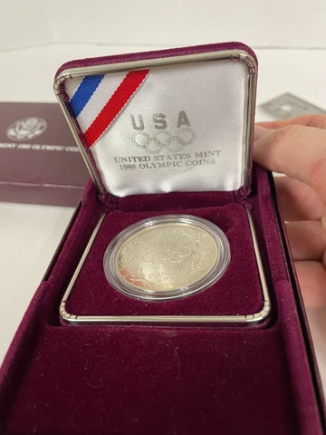 1988 S PROOF Olympic US Mint Commemorative 90% Silver Dollar Coin and Box Cover