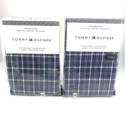 New Tommy Hilfiger Vintage Euro Shams Blue Plaid Cotton Americana Rare - Image 1 of 4
