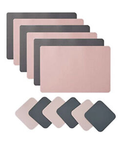 4 Set Reversible Placemat & Coasters Faux Leather Dining Table Mat - Grey/Pink