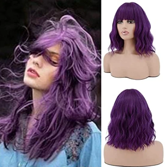 Perucas roxas onduladas curtas para mulheres com franjas peruca feminina bob cabelo sintético - Imagem 1 de 4