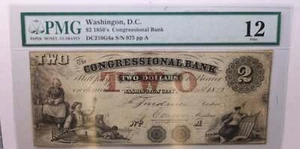 1856 $2, Congressional Bank., Wash DC, obsoleto., PMG VF-12., tienda #18280 - Imagen 1 de 2