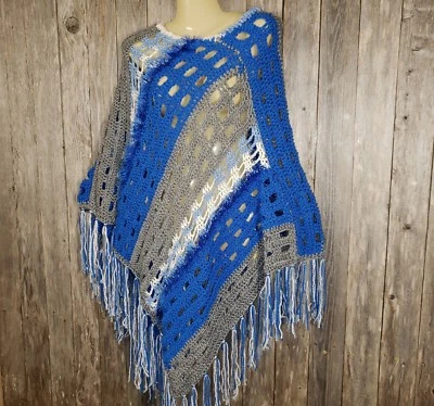 NEW Poncho Sweater Boho Hippie Soft Hand Crochet Fringe Blue White Gray  - Image 1 of 4