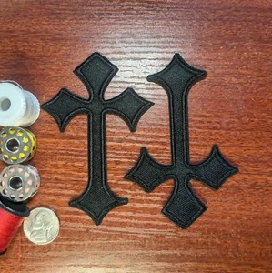 Cross Patch Black 2 Pieces Religious Symbols Embroidered Iron On Patch 4x2.5" - Picture 1 of 3