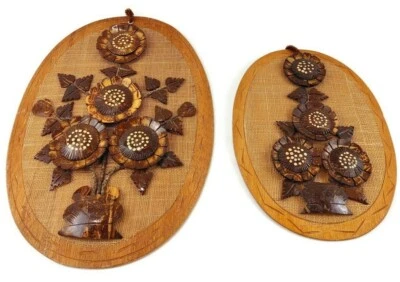 PAIR OF Vintage Carved Coconut Shell Flowers & Veneer Base Oval Wall Plaque NICE - Image 1 of 4
