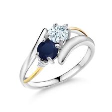 925 Sterling Silver and 10K Yellow Gold Aquamarine Sapphire and White Lab Grown