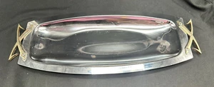 Vintage Kromex Tray Long Metal Serving Dish MCM Brass Tone Handles USA Flaws - Picture 1 of 18